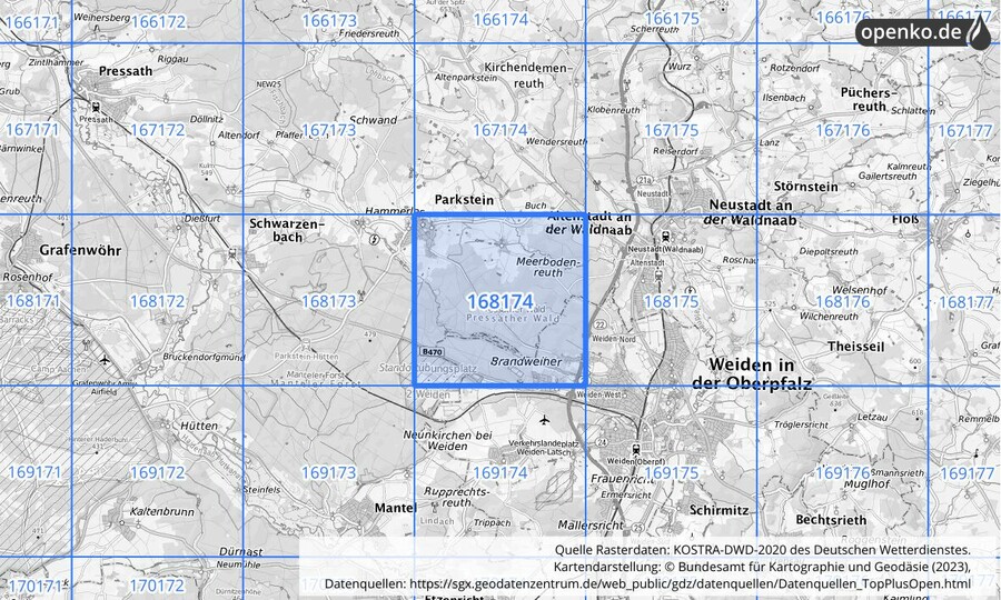 Übersichtskarte des KOSTRA-DWD-2020-Rasterfeldes Nr. 168174