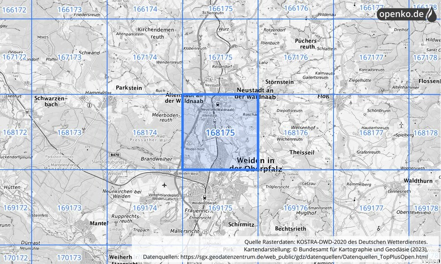 Übersichtskarte des KOSTRA-DWD-2020-Rasterfeldes Nr. 168175