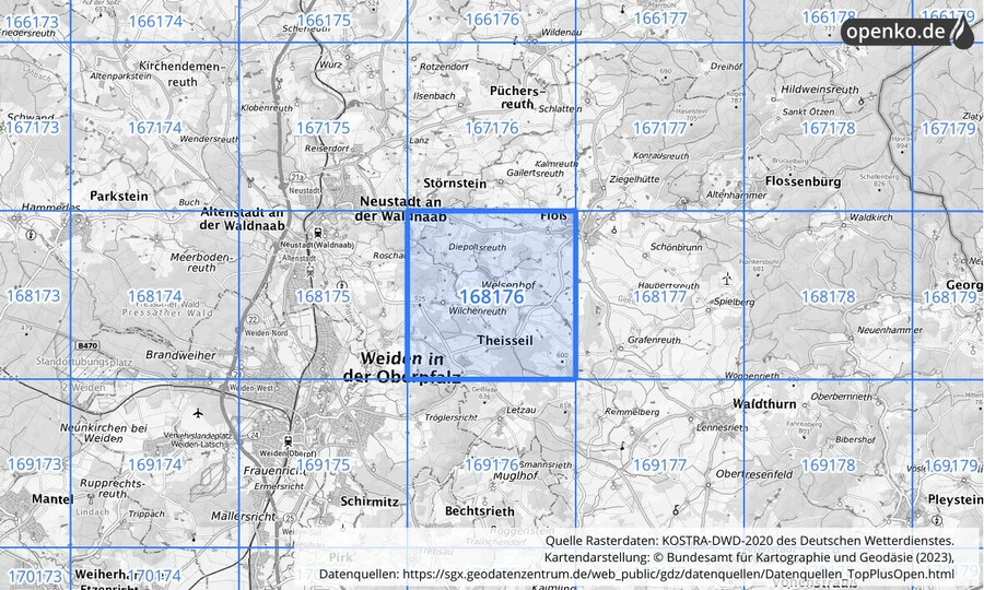 Übersichtskarte des KOSTRA-DWD-2020-Rasterfeldes Nr. 168176
