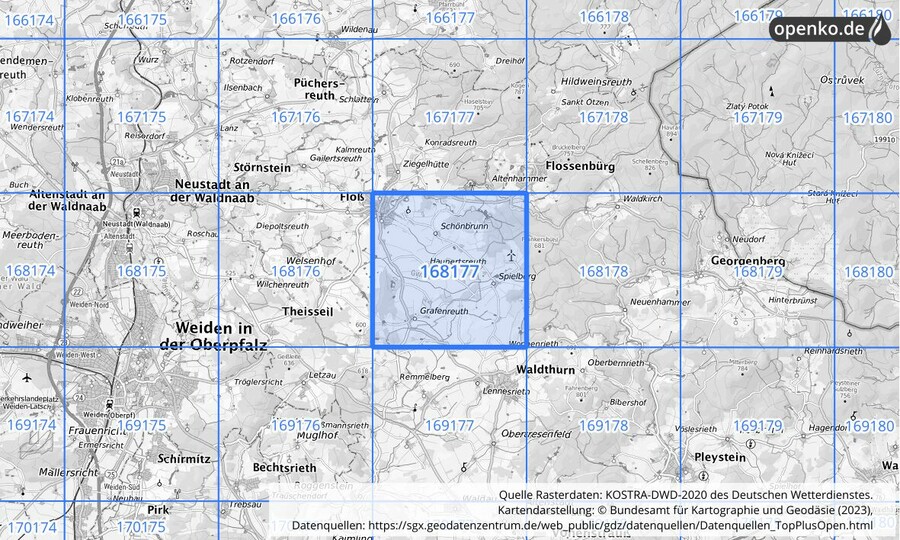 Übersichtskarte des KOSTRA-DWD-2020-Rasterfeldes Nr. 168177