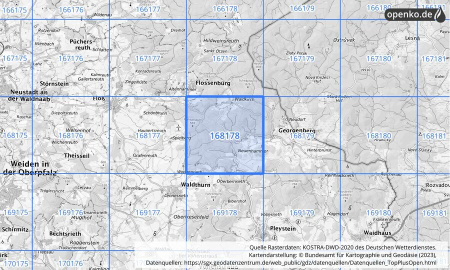 Übersichtskarte des KOSTRA-DWD-2020-Rasterfeldes Nr. 168178