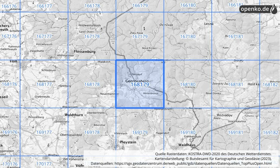 Übersichtskarte des KOSTRA-DWD-2020-Rasterfeldes Nr. 168179