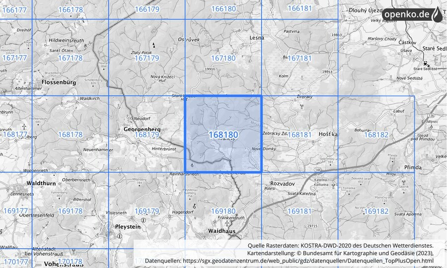 Übersichtskarte des KOSTRA-DWD-2020-Rasterfeldes Nr. 168180