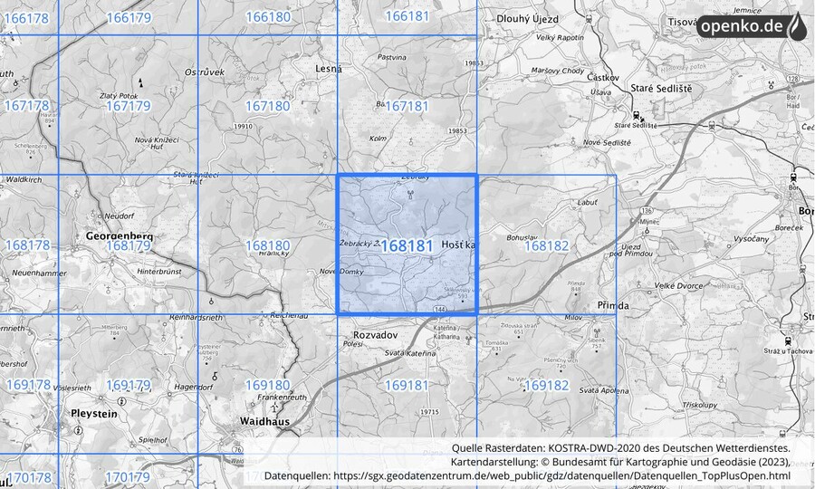 Übersichtskarte des KOSTRA-DWD-2020-Rasterfeldes Nr. 168181
