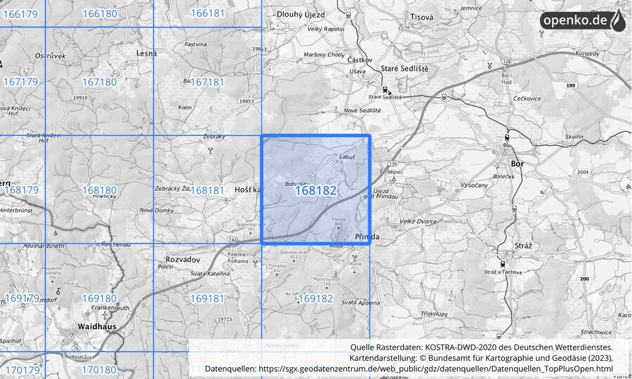 Übersichtskarte des KOSTRA-DWD-2020-Rasterfeldes Nr. 168182