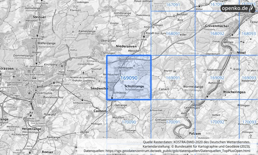 Übersichtskarte des KOSTRA-DWD-2020-Rasterfeldes Nr. 169090