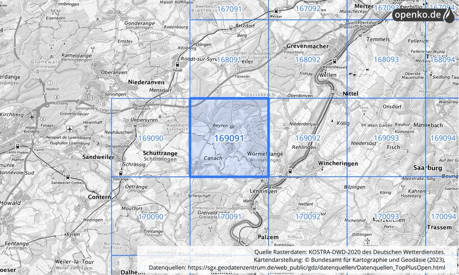 Übersichtskarte des KOSTRA-DWD-2020-Rasterfeldes Nr. 169091