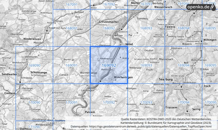 Übersichtskarte des KOSTRA-DWD-2020-Rasterfeldes Nr. 169092