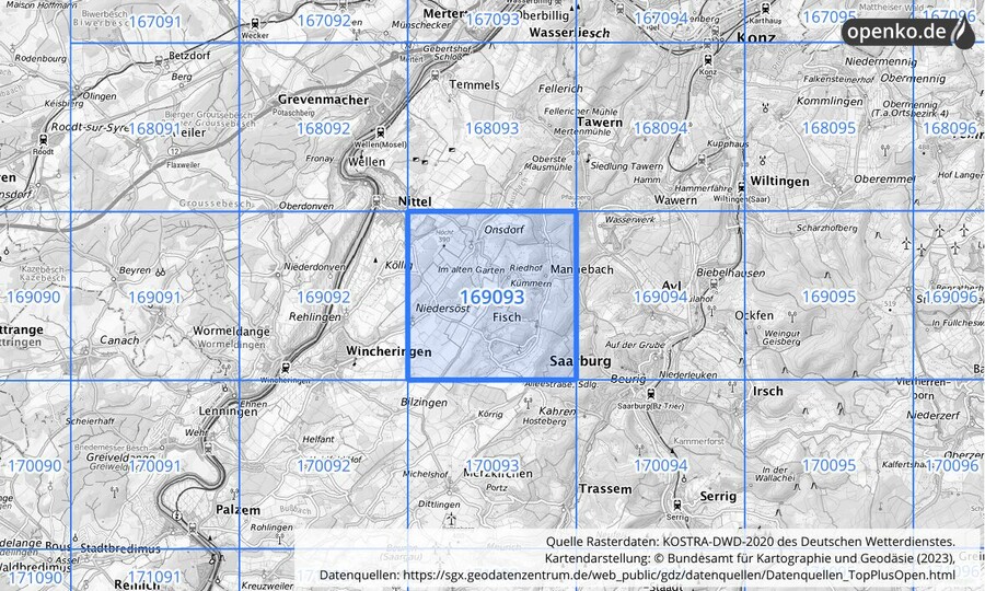 Übersichtskarte des KOSTRA-DWD-2020-Rasterfeldes Nr. 169093