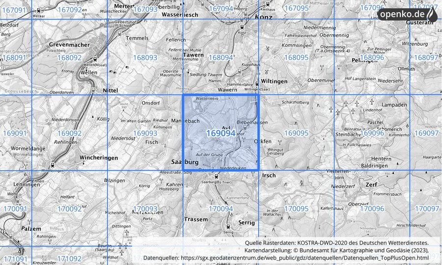 Übersichtskarte des KOSTRA-DWD-2020-Rasterfeldes Nr. 169094
