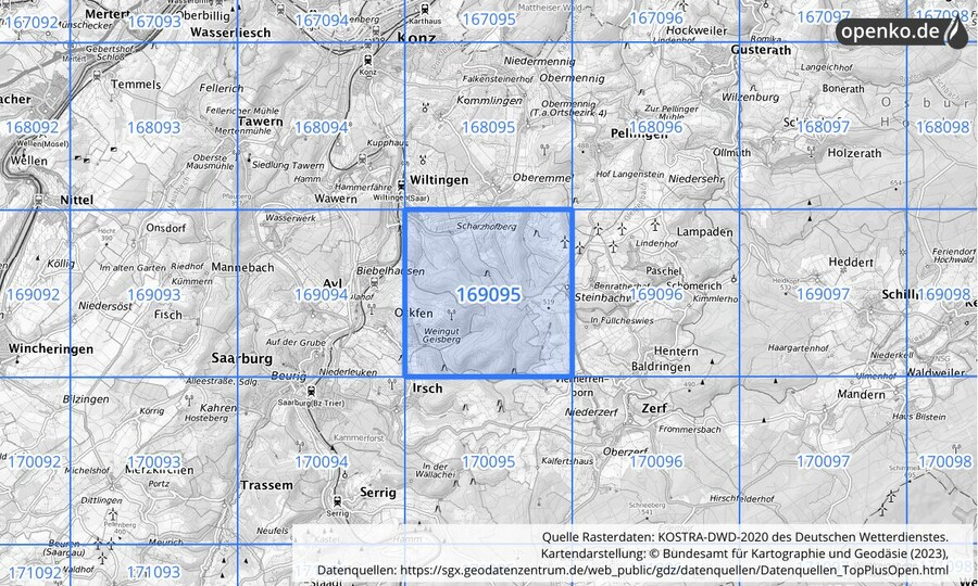 Übersichtskarte des KOSTRA-DWD-2020-Rasterfeldes Nr. 169095