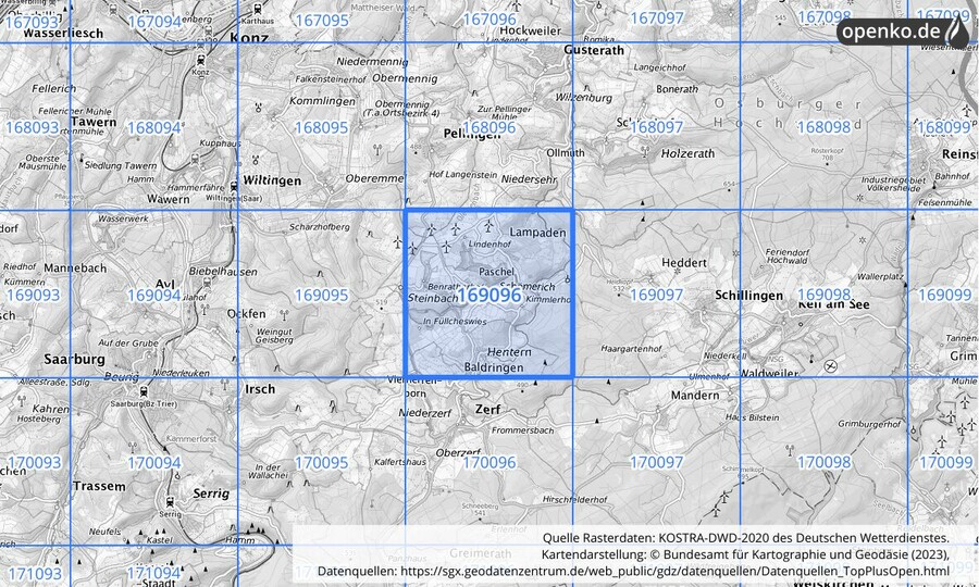 Übersichtskarte des KOSTRA-DWD-2020-Rasterfeldes Nr. 169096