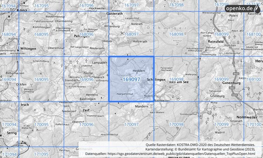 Übersichtskarte des KOSTRA-DWD-2020-Rasterfeldes Nr. 169097