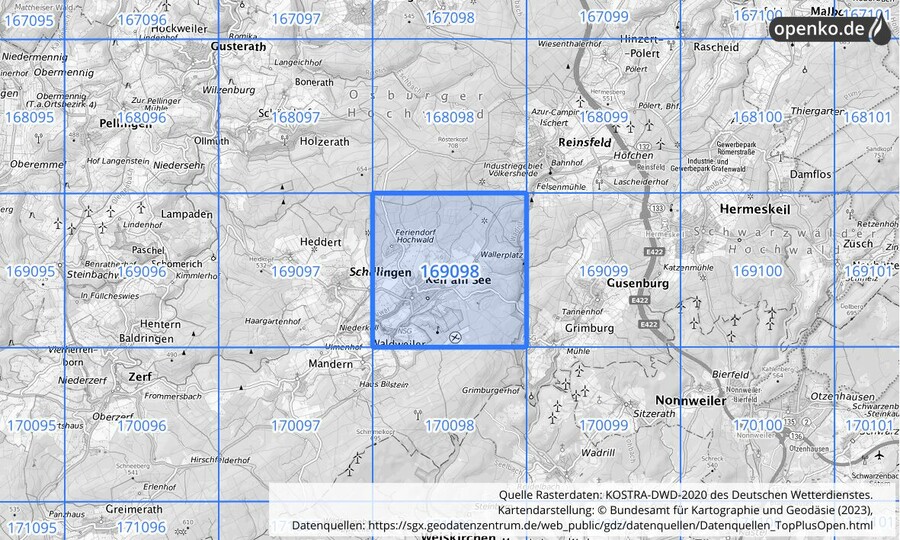 Übersichtskarte des KOSTRA-DWD-2020-Rasterfeldes Nr. 169098