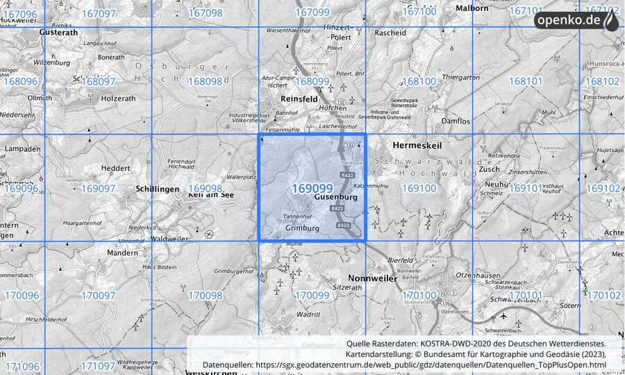 Übersichtskarte des KOSTRA-DWD-2020-Rasterfeldes Nr. 169099