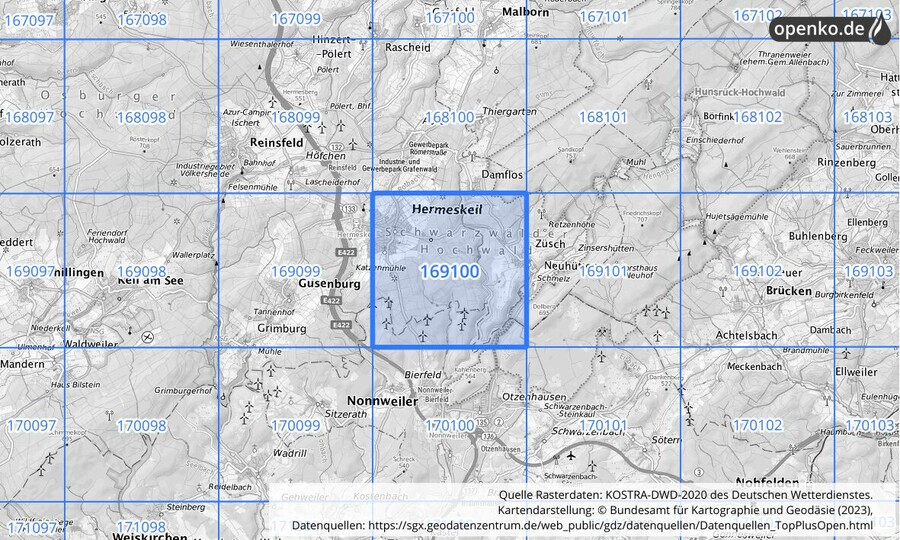 Übersichtskarte des KOSTRA-DWD-2020-Rasterfeldes Nr. 169100