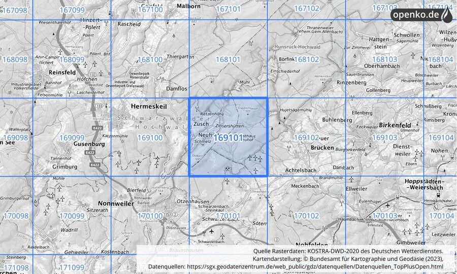 Übersichtskarte des KOSTRA-DWD-2020-Rasterfeldes Nr. 169101