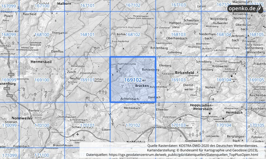 Übersichtskarte des KOSTRA-DWD-2020-Rasterfeldes Nr. 169102