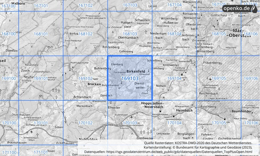 Übersichtskarte des KOSTRA-DWD-2020-Rasterfeldes Nr. 169103