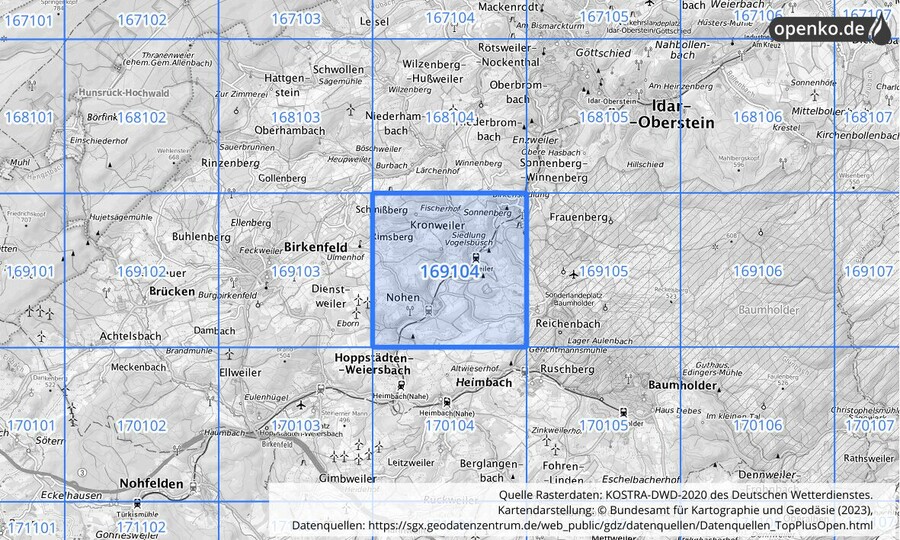 Übersichtskarte des KOSTRA-DWD-2020-Rasterfeldes Nr. 169104