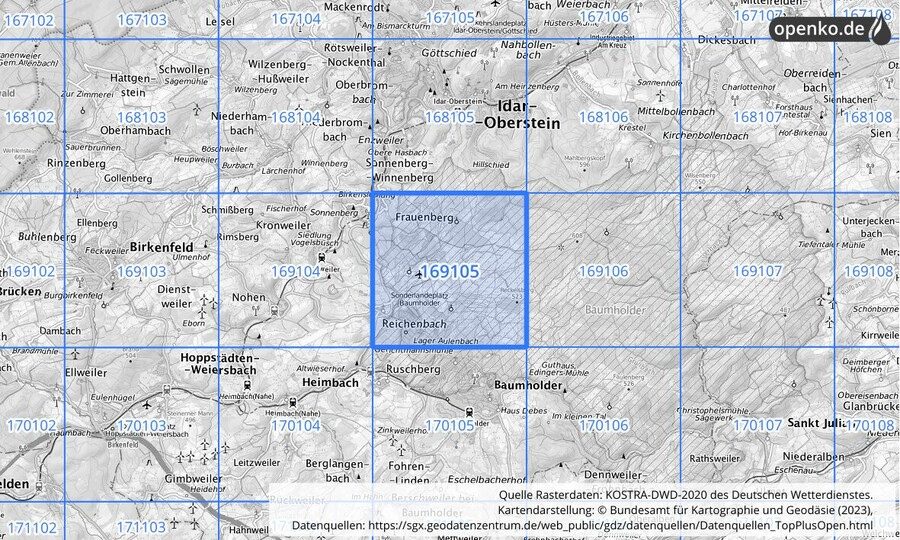 Übersichtskarte des KOSTRA-DWD-2020-Rasterfeldes Nr. 169105