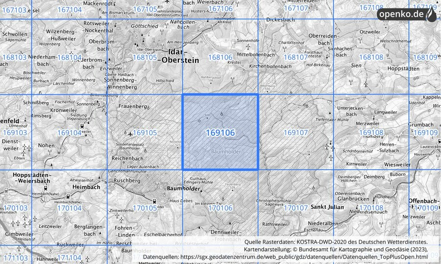 Übersichtskarte des KOSTRA-DWD-2020-Rasterfeldes Nr. 169106