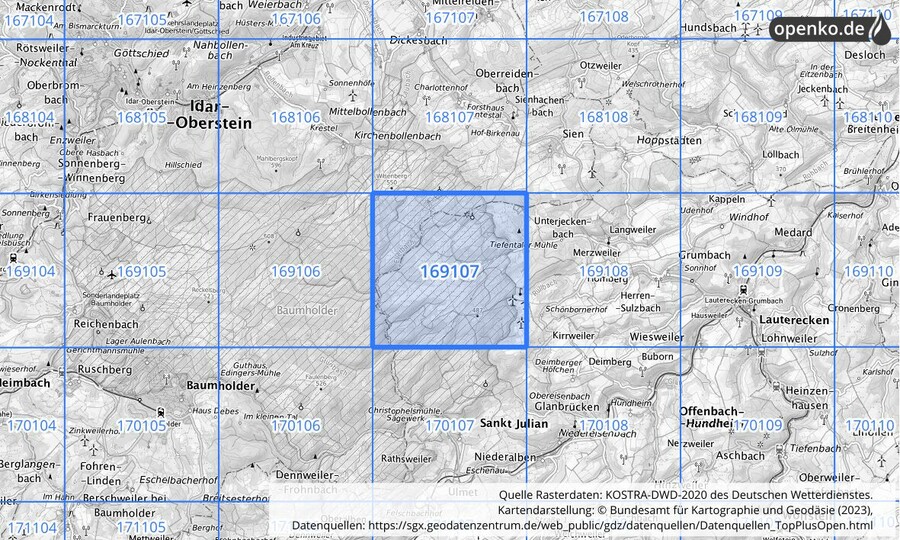 Übersichtskarte des KOSTRA-DWD-2020-Rasterfeldes Nr. 169107