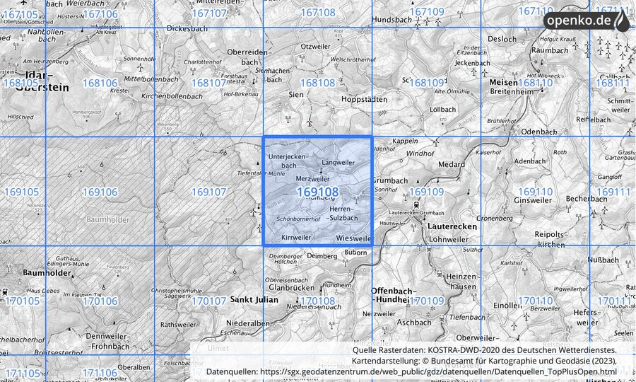 Übersichtskarte des KOSTRA-DWD-2020-Rasterfeldes Nr. 169108