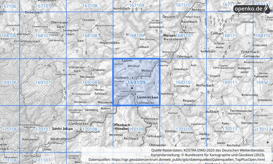 Übersichtskarte des KOSTRA-DWD-2020-Rasterfeldes Nr. 169109