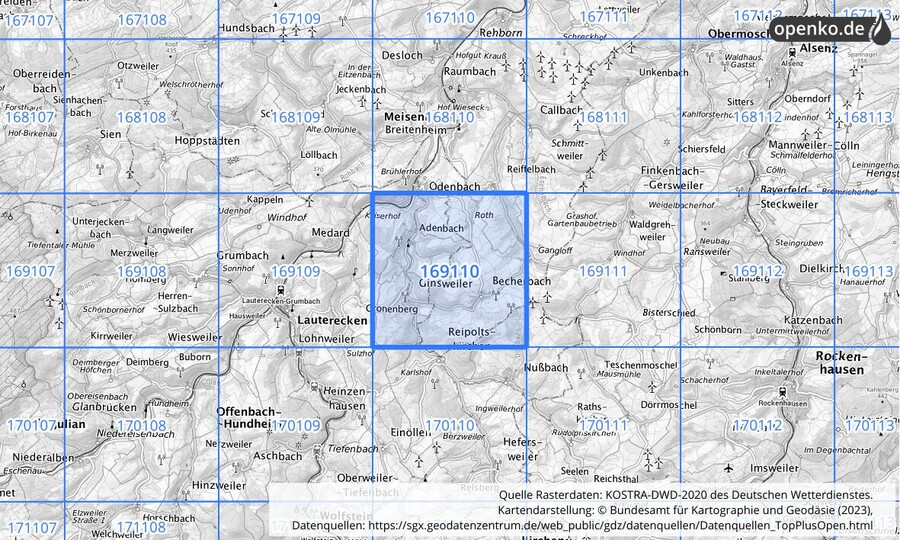 Übersichtskarte des KOSTRA-DWD-2020-Rasterfeldes Nr. 169110