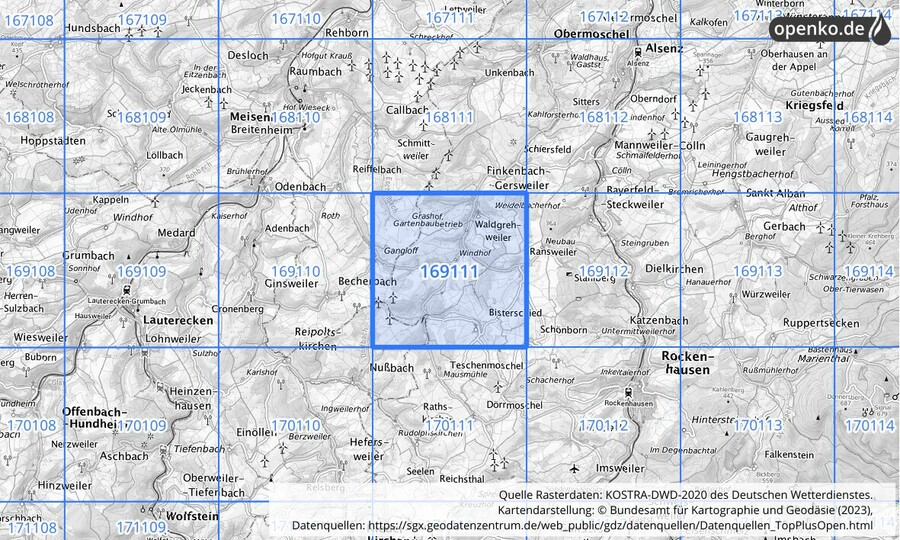 Übersichtskarte des KOSTRA-DWD-2020-Rasterfeldes Nr. 169111