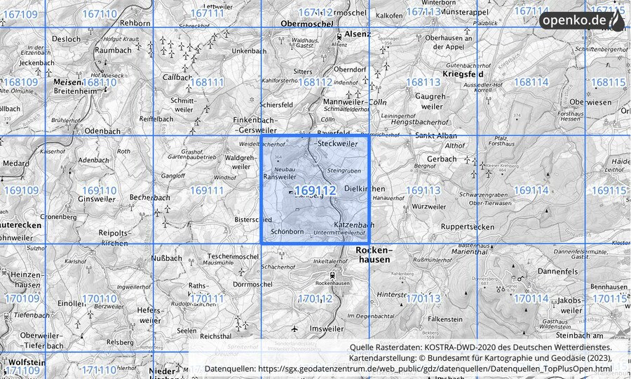 Übersichtskarte des KOSTRA-DWD-2020-Rasterfeldes Nr. 169112