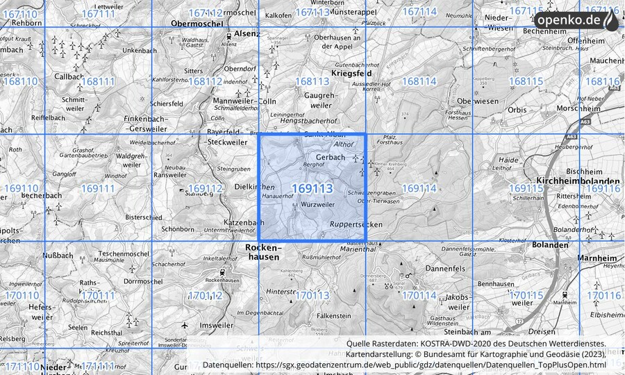 Übersichtskarte des KOSTRA-DWD-2020-Rasterfeldes Nr. 169113