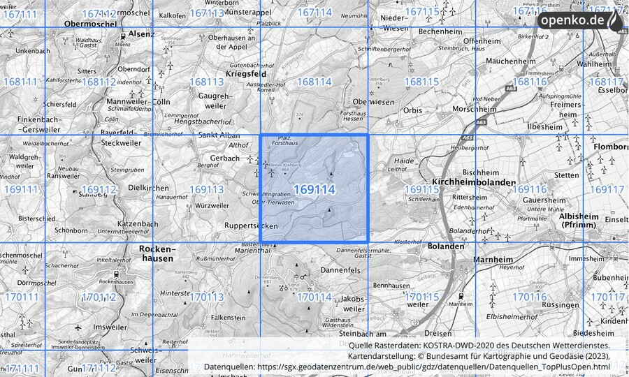 Übersichtskarte des KOSTRA-DWD-2020-Rasterfeldes Nr. 169114