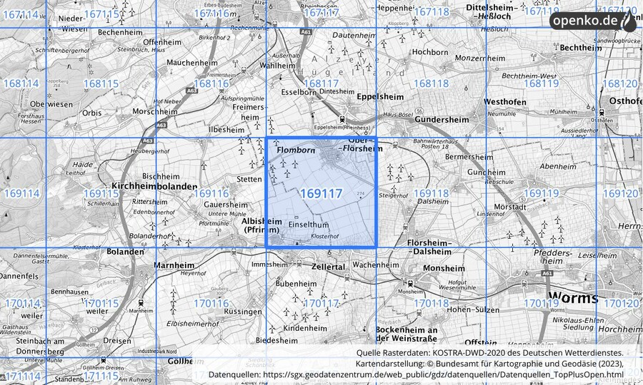 Übersichtskarte des KOSTRA-DWD-2020-Rasterfeldes Nr. 169117