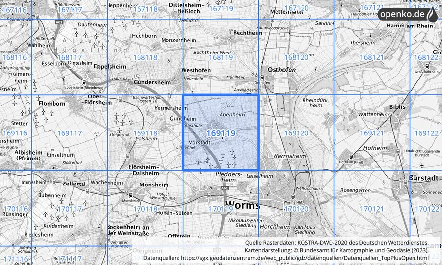 Übersichtskarte des KOSTRA-DWD-2020-Rasterfeldes Nr. 169119
