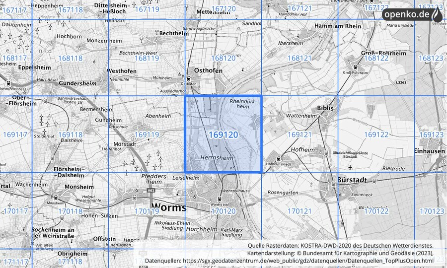 Übersichtskarte des KOSTRA-DWD-2020-Rasterfeldes Nr. 169120