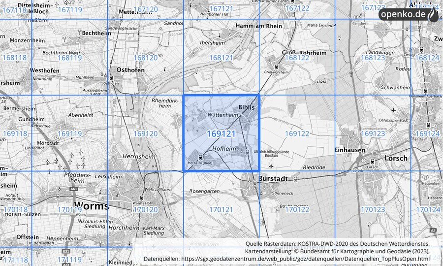 Übersichtskarte des KOSTRA-DWD-2020-Rasterfeldes Nr. 169121