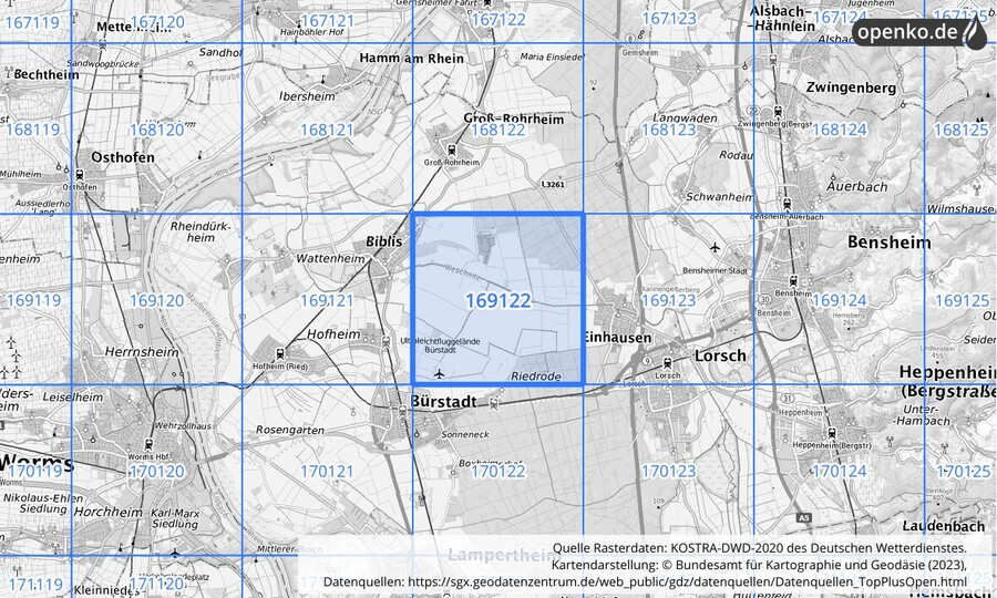 Übersichtskarte des KOSTRA-DWD-2020-Rasterfeldes Nr. 169122