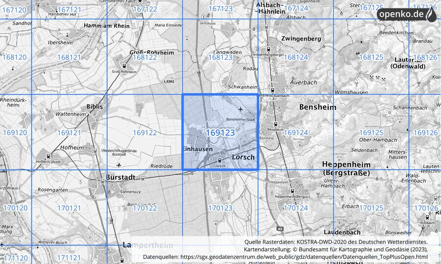 Übersichtskarte des KOSTRA-DWD-2020-Rasterfeldes Nr. 169123