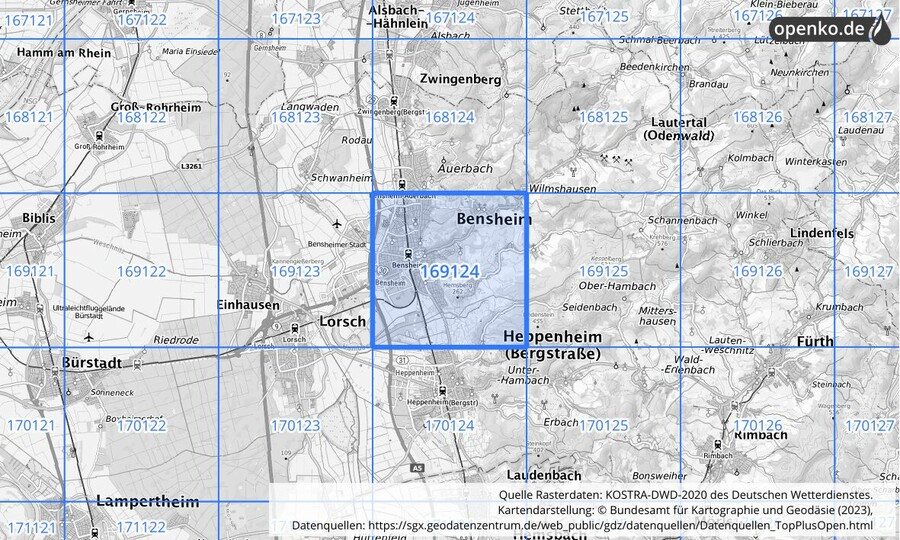 Übersichtskarte des KOSTRA-DWD-2020-Rasterfeldes Nr. 169124