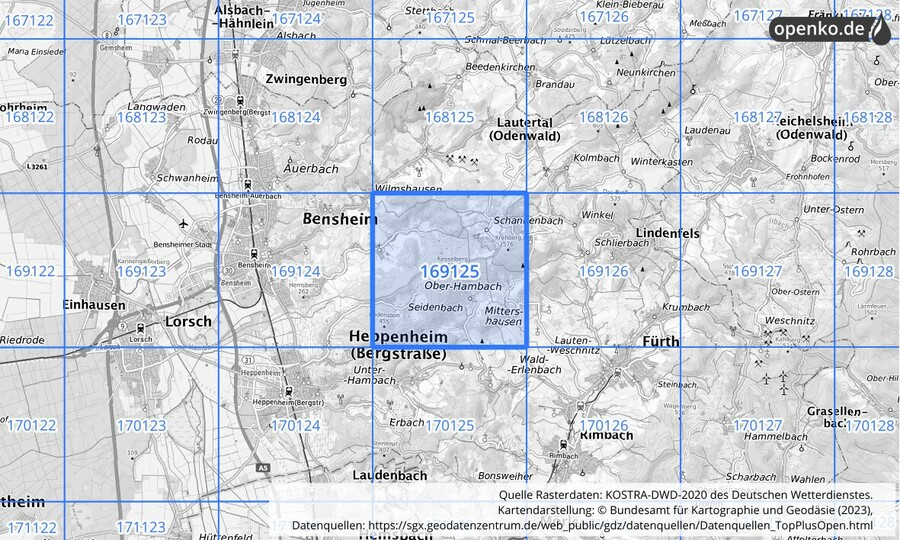 Übersichtskarte des KOSTRA-DWD-2020-Rasterfeldes Nr. 169125