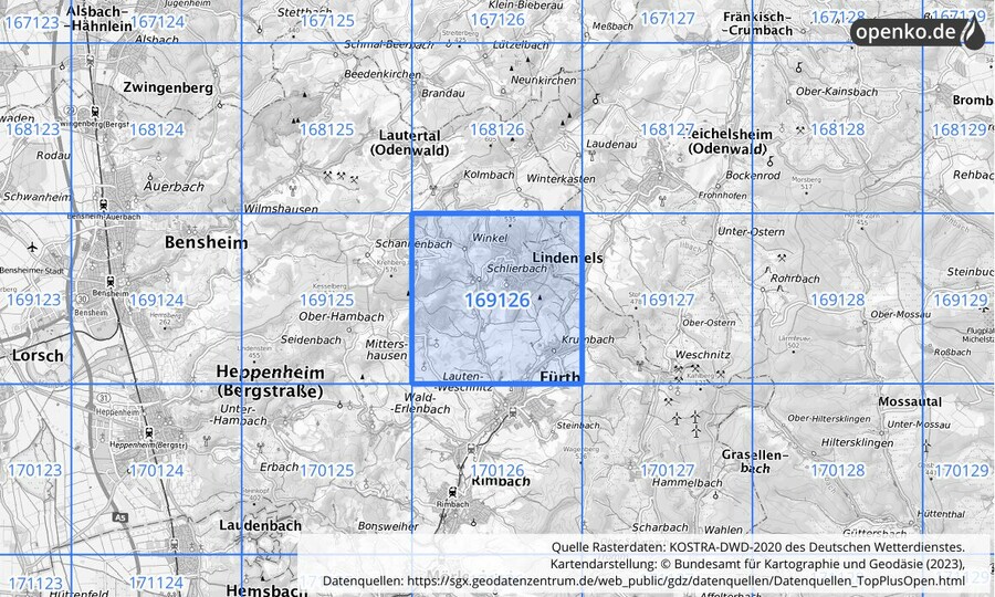 Übersichtskarte des KOSTRA-DWD-2020-Rasterfeldes Nr. 169126