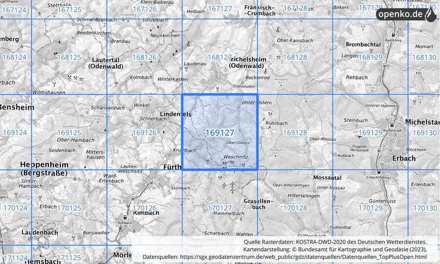 Übersichtskarte des KOSTRA-DWD-2020-Rasterfeldes Nr. 169127