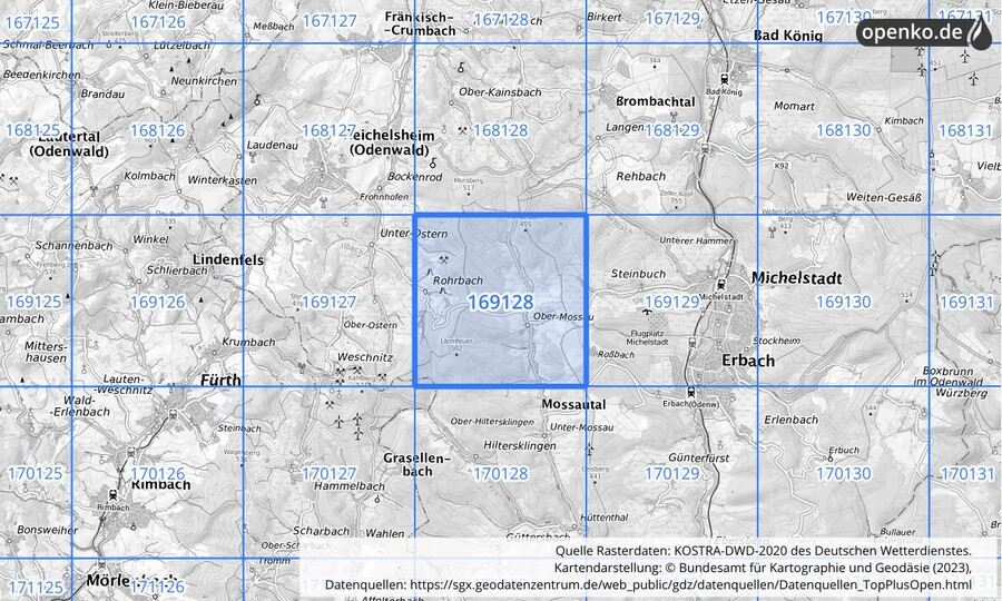 Übersichtskarte des KOSTRA-DWD-2020-Rasterfeldes Nr. 169128