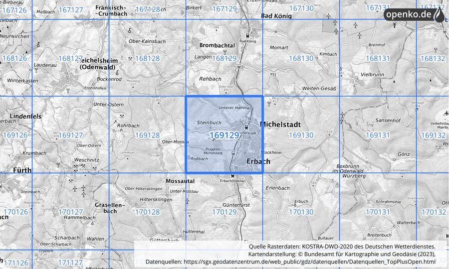 Übersichtskarte des KOSTRA-DWD-2020-Rasterfeldes Nr. 169129