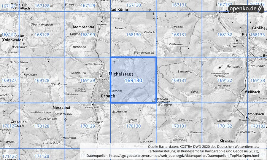Übersichtskarte des KOSTRA-DWD-2020-Rasterfeldes Nr. 169130