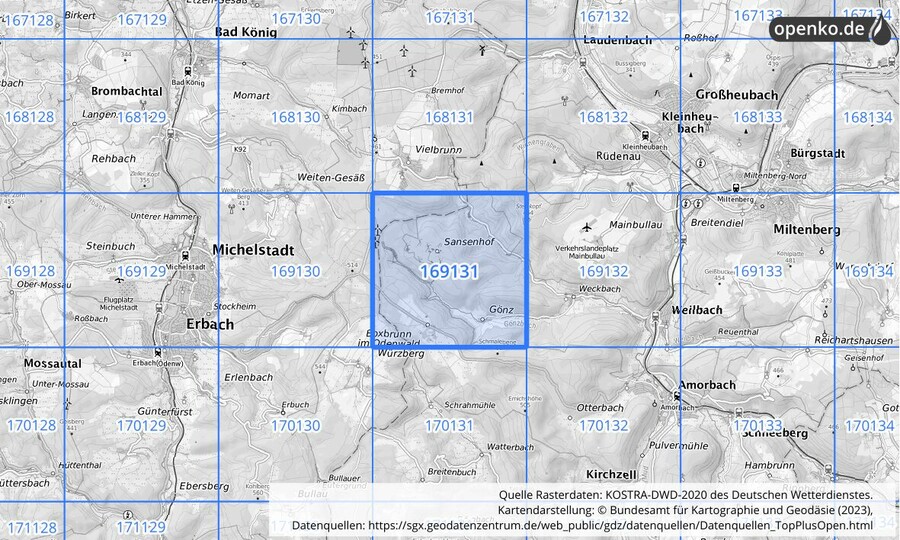 Übersichtskarte des KOSTRA-DWD-2020-Rasterfeldes Nr. 169131