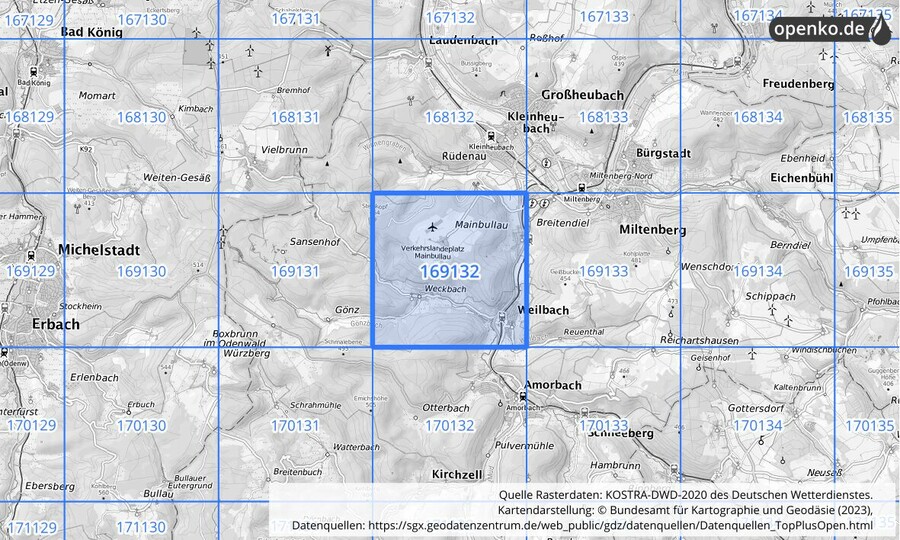 Übersichtskarte des KOSTRA-DWD-2020-Rasterfeldes Nr. 169132