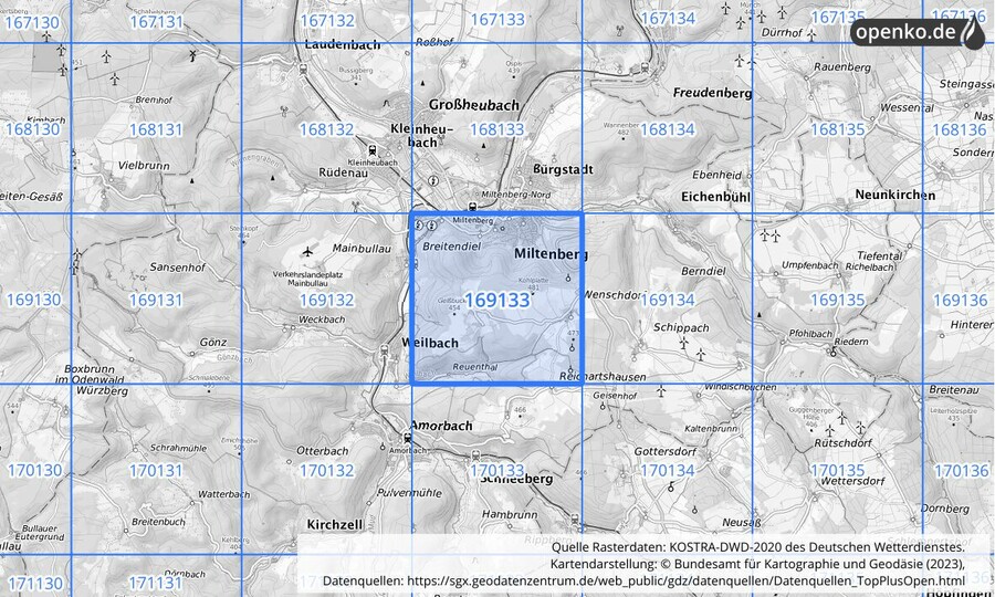 Übersichtskarte des KOSTRA-DWD-2020-Rasterfeldes Nr. 169133